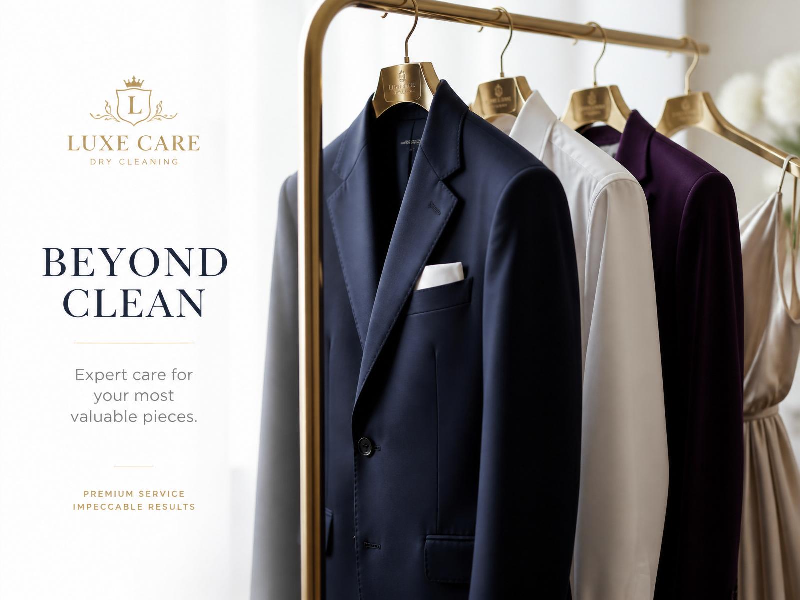Busana premium — jas, blazer, dan gaun elegan tergantung di studio Cleany Laundry